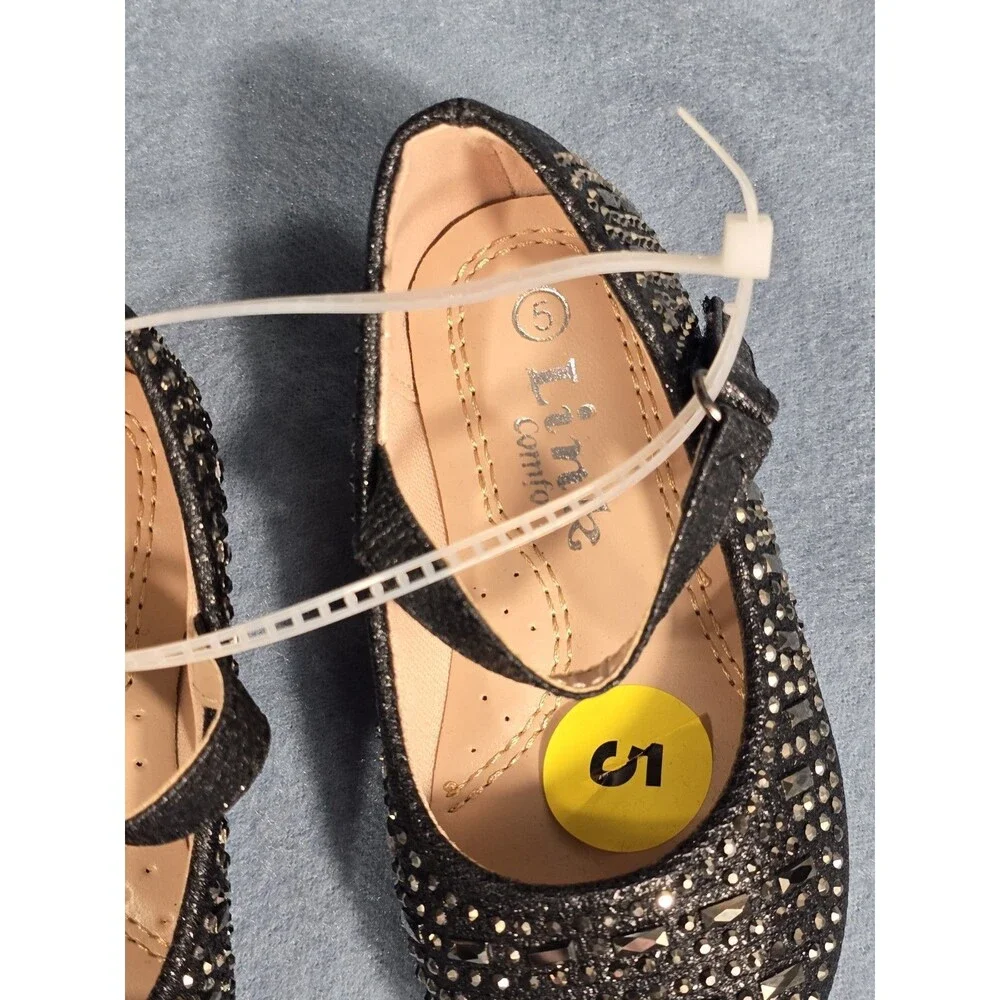 Link Comfort Girls Embellished Black Sparkly Rhinestone Mary Jane Ballet Flats 5
